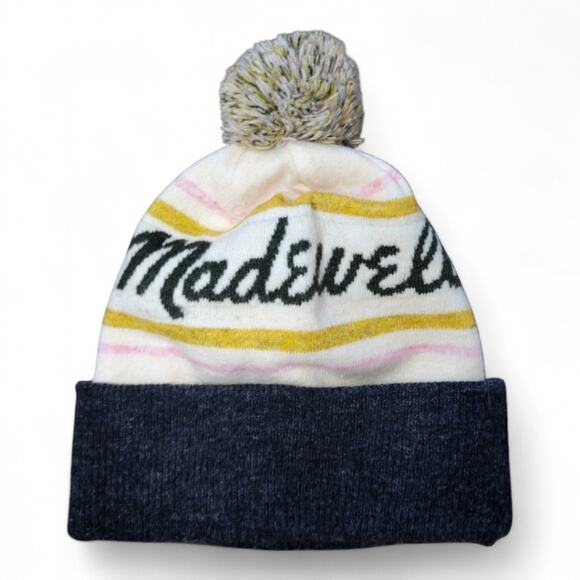 Madewell Retro Pom-Pom Beanie NWT OS cream Gray Pink Yellow - Picture 2 of 5